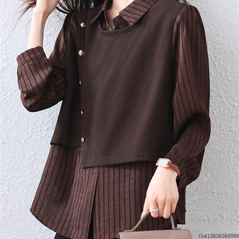 大码女装2025秋季新款女士假两件衬衫胖mm宽松遮肚子上衣时尚洋气