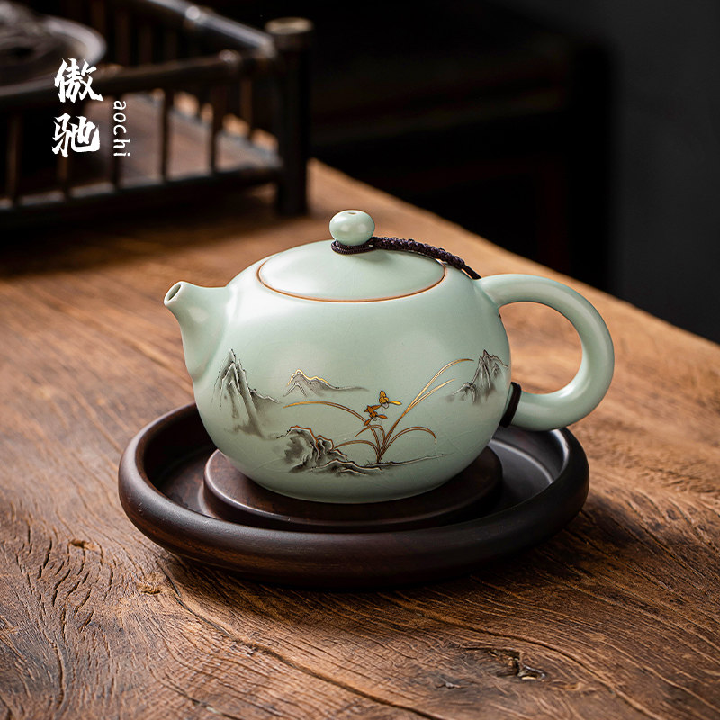 阿驰高档天青汝窑开式大西石壶陶瓷功夫茶具家用饮茶壶单壶