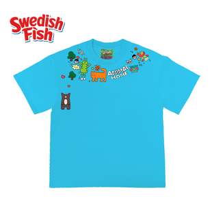 240g重磅浅湖蓝色短袖 重磅欧美ins风oversize阿美咔叽千禧风 T恤