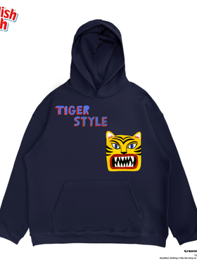 深蓝色！卡通老虎可爱Style童趣潮流无性别纯棉小众连帽卫衣宽松