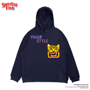 深蓝色 卡通老虎可爱Style童趣潮流无性别纯棉小众连帽卫衣宽松