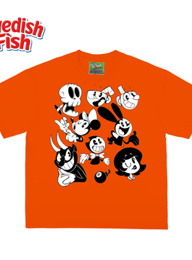 橙色！卡通涂鸦美式240g重磅亚文化纯棉原创街头oldschool短袖T恤