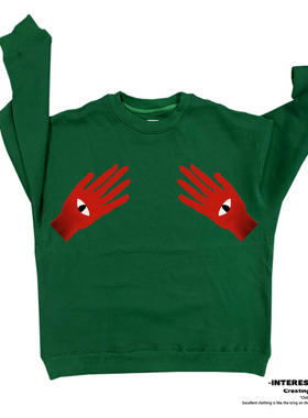 interesting灵魂 创意拼接潮流厚重感插画手掌阿美咔叽圆领卫衣