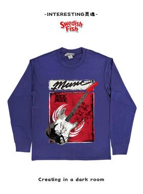 深蓝色！重磅vintage无性别原创涂鸦亚文化Ootd全棉长袖T恤高街