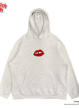 interesting灵魂 红色嘴唇高街个性复古vintage重磅质感连帽卫衣