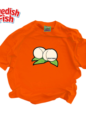 橙色！趣味学院风落肩大学生卡通240g重磅美式oversize纯棉短袖T