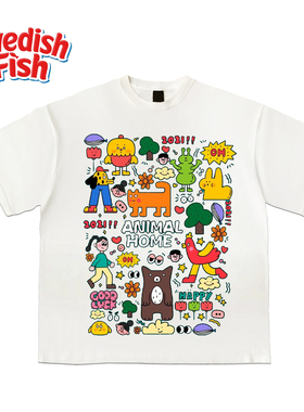 艺术展！美式街头复古拼接涂鸦oversize无性别小众原创rap短袖T恤