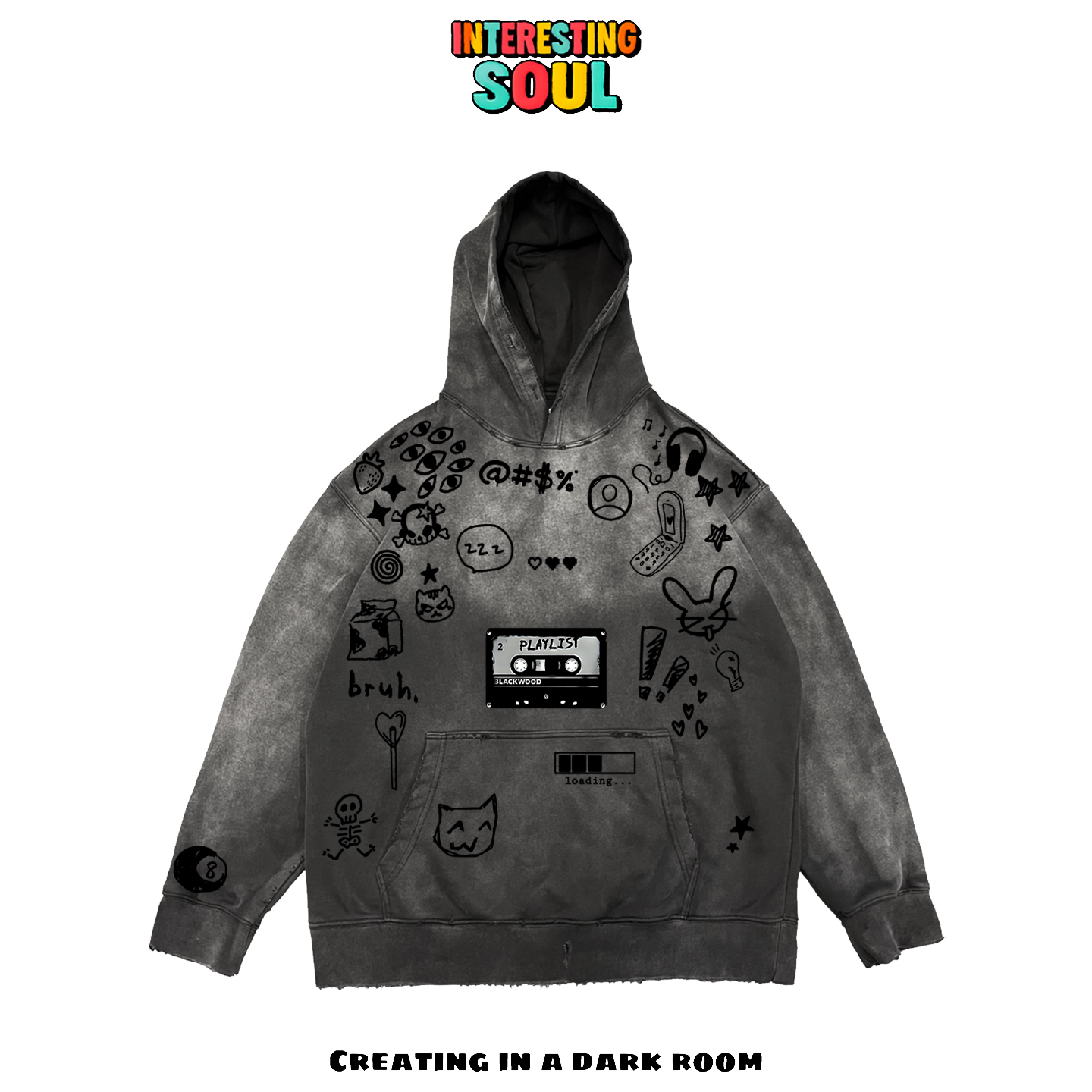 大码美式动漫卡通奢潮拼接嘻哈设计感原创落肩学生亚文化连帽卫衣