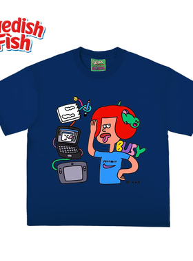 深蓝色！欧美ins风街头vintage嘻哈阿美咔叽高街高级感宽松短袖T