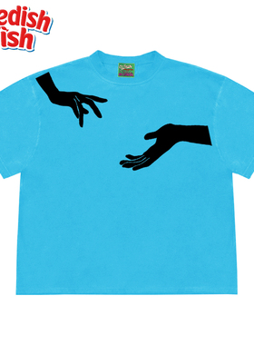 全棉！浅湖蓝色手谱插画高级感oversize潮牌穿搭Ootd短袖T恤原创