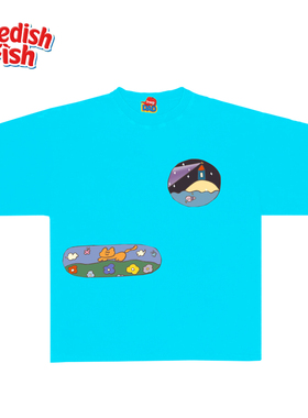 浅湖蓝色！千禧风多巴胺卡通高街oversize原创纯棉小众美式短袖T