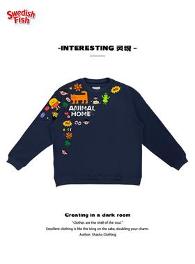 深蓝色全棉！小领口oldschool无性别小众全棉阿美咔叽圆领卫衣