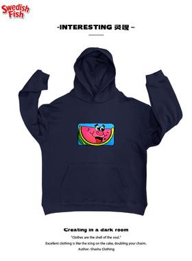 深蓝色！抗起球美式卡通涂鸦西瓜搞怪Ootd全棉小众设计感连帽卫衣