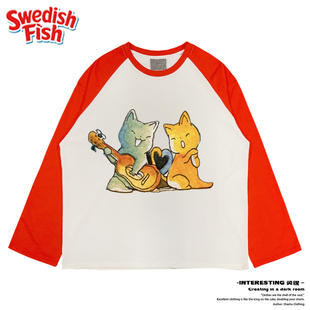 interesting灵魂 可爱猫咪弹吉他童趣质感美式插肩长袖重磅无性别