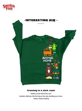 interesting灵魂 小领口全棉墨绿色Style卡通千禧风美式圆领卫衣