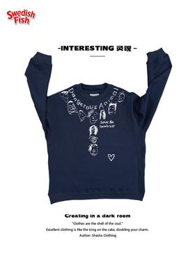 interesting灵魂 深蓝色重磅简笔画欧美街头阿美咔叽圆领卫衣Ootd