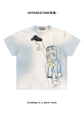 255g蓝色渐变 oversize小众嘻哈rap涂鸦摇滚花瓣二次元喷绘短袖T