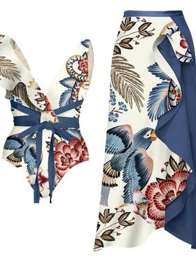 2024欧美新款泳装深V荷叶边大嘴鸟印花连体泳衣和裹裙套装2312