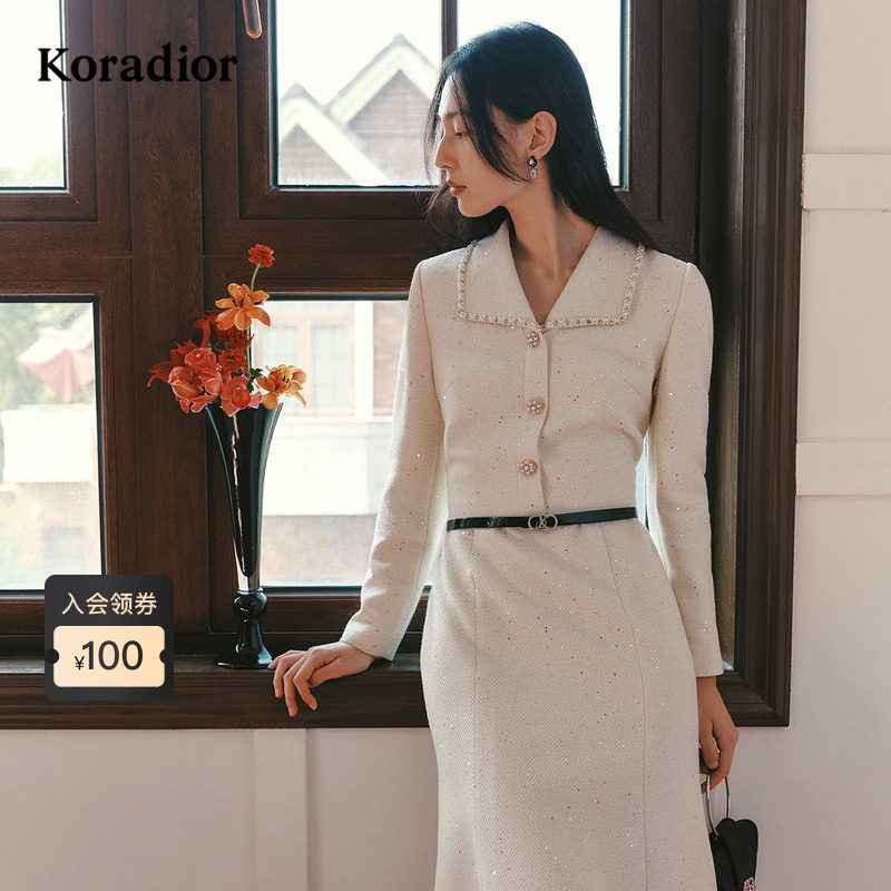 Koradior珂莱蒂尔2026年春新名媛假两件珠片绣修身鱼尾花呢连衣裙