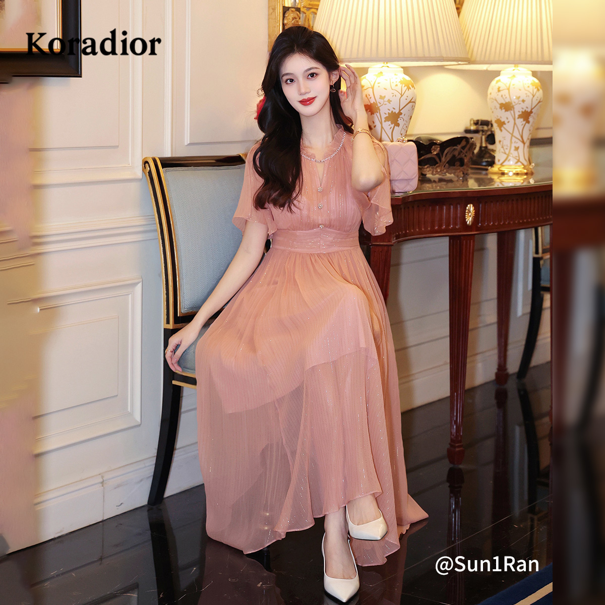 【桑蚕丝】Koradior珂莱蒂尔商场同款25年夏气质千金风雪纺连衣裙