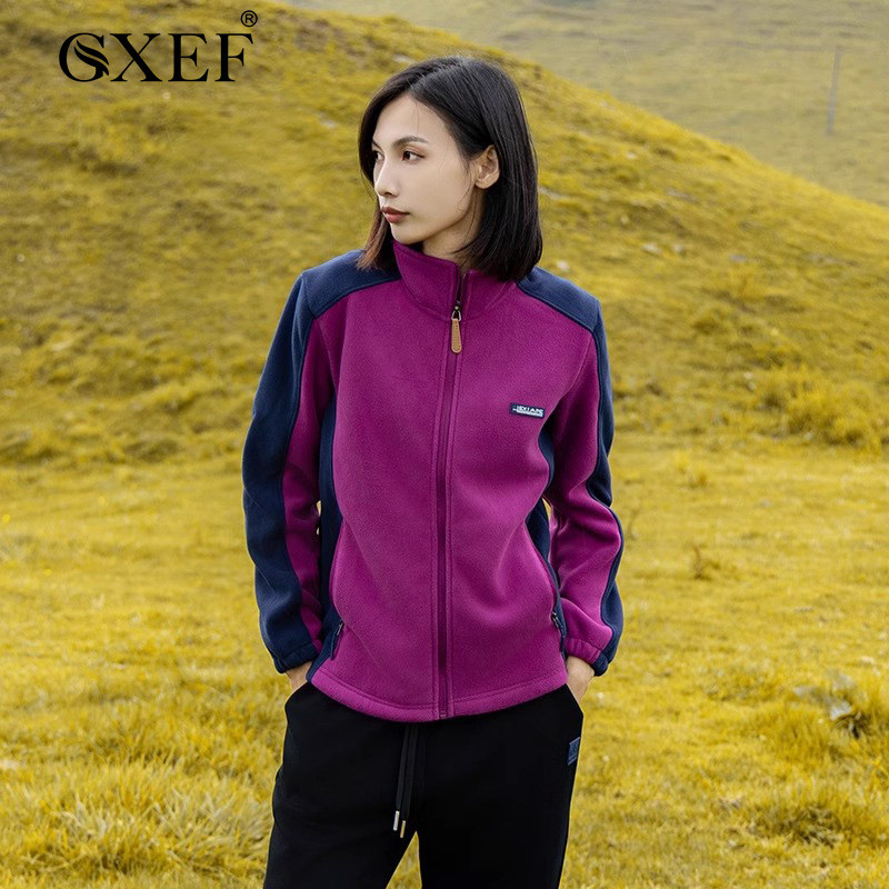 拼色摇粒绒外套女2026秋冬季高密度柔软运动开衫办公室立领抓绒衣