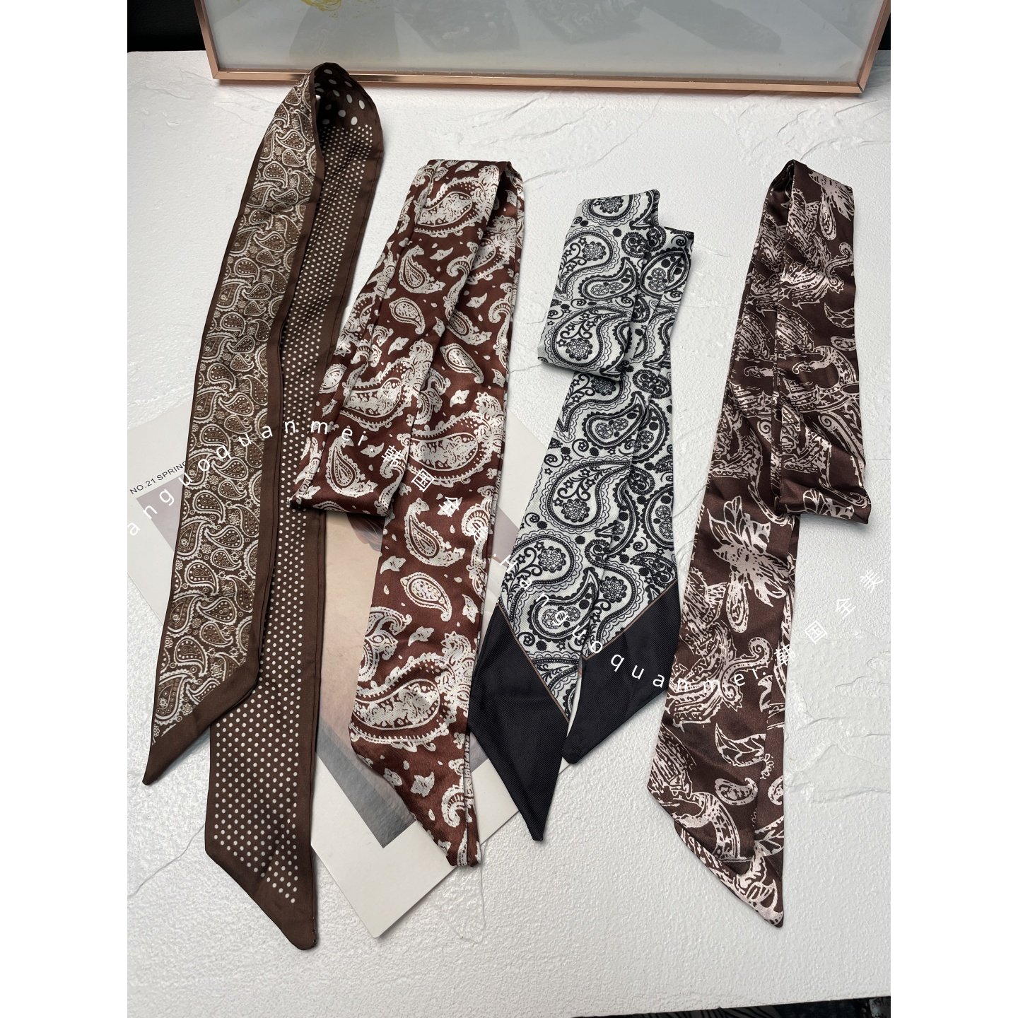 欧洲站欧货2025年秋冬新品咖色腰果花丝巾腰带围巾缎面领巾配饰,服饰配件/皮带/帽子/围巾,围巾/丝巾/披肩,淘宝优惠券,粉丝福利购,淘宝优惠卷