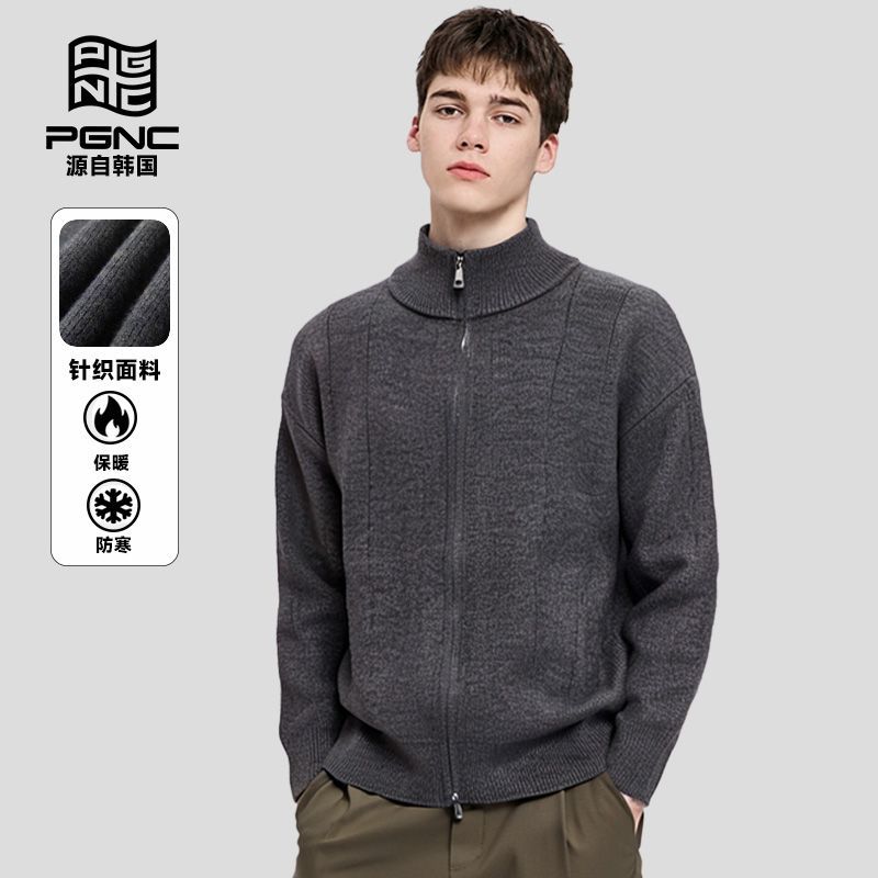 韩国PGNC品牌针织衫秋冬新款男士裂纹感时尚休闲立领毛衣上衣外套