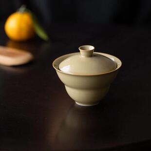 定窑黄复古手工折腰盖碗陶瓷泡茶碗单个中式功夫茶具不烫手