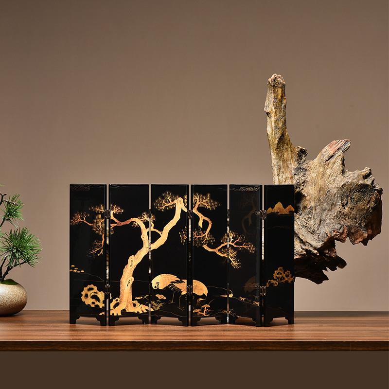 茶空间文创双面小屏风摆件仿古复古茶台漆器摆件茶道配件礼盒装