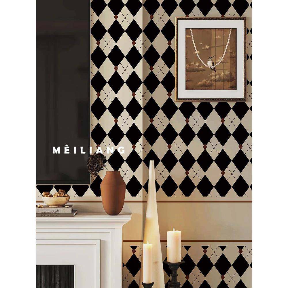 黑白菱格美式复古墙纸轻奢风客厅电视背景墙餐厅卧室壁纸墙布