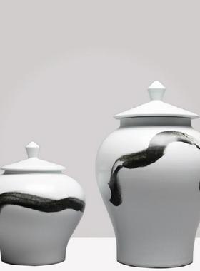 新中式现代水墨陶瓷储物罐创意玄关看盘酒柜工艺品摆件电视柜饰品