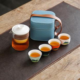 防烫快客杯单人户外旅游茶壶功夫茶杯喝茶装 玻璃旅行茶具便携式 备