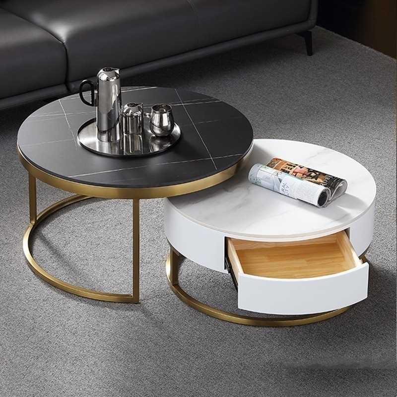 轻奢岩板茶几桌客厅伸缩茶几电视柜组合现代简约圆形储物茶几组合