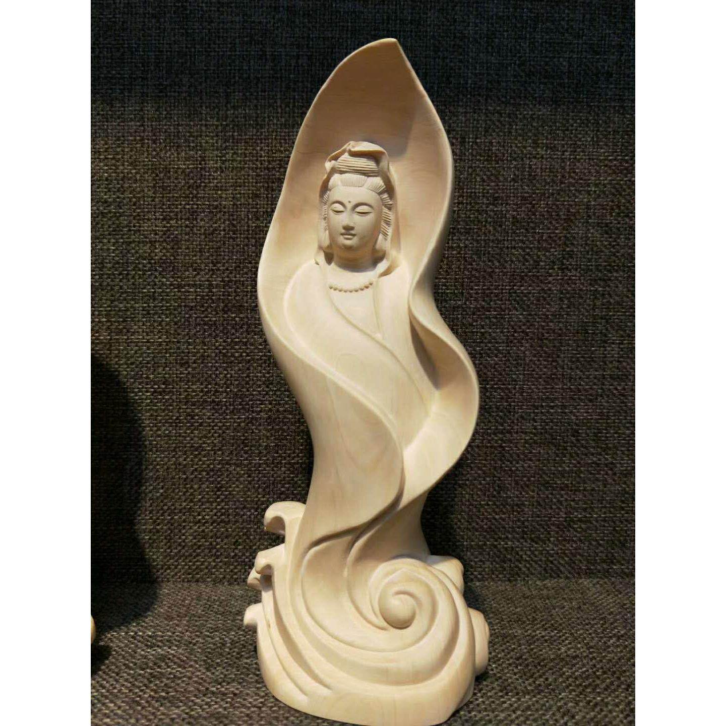 黄杨木雕家居客厅实木雕刻手工艺品供奉风水佛像摆件一叶观音菩萨