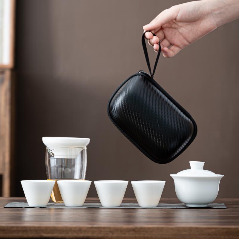 白瓷旅行功夫茶具套装盖碗茶杯玻璃快客杯便携包家用办公会客送礼