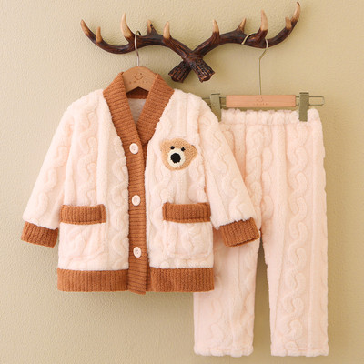 儿童法兰绒睡衣秋冬季加厚款男童亲子套装中大童女童珊瑚绒家居服