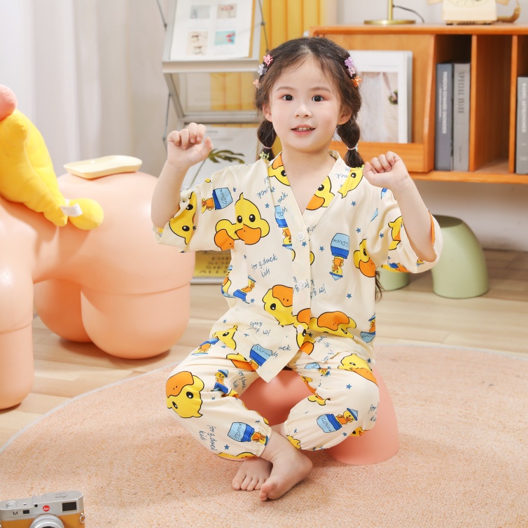 儿童绵绸睡衣夏季男童女童萌萌小黄鸭薄款棉绸家居服七分袖套装