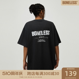 BONELESS美式复古后背斑驳logo印花短袖圆领T恤男女情侣夏季上衣