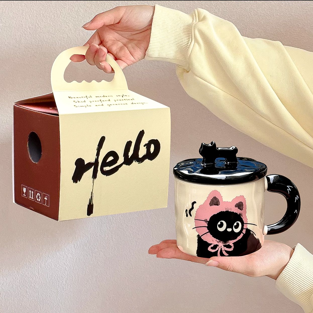 可爱猫咪带盖陶瓷马克杯送女友图片