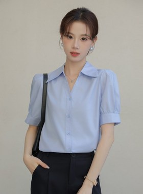 极速蓝色V领职业衬衫女士短袖正装E教资面试衬衣职场通勤气质两件