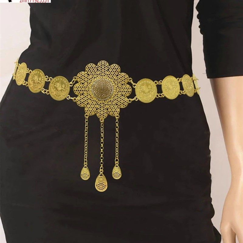 极速欧美民族风腰饰镀金镶钻合y金镂空花朵钱币流苏腰链束腰多款2