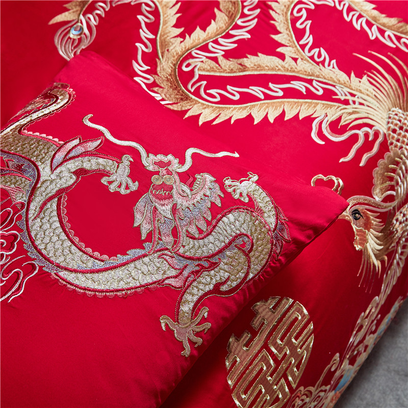 极速婚庆四件组床上用品纯棉结婚被F套大红色床单全棉婚嫁龙凤喜