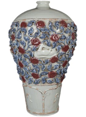 新品花瓶元白釉捏花梅瓶仿古瓷器古董古玩元代P老瓷器收藏品败家