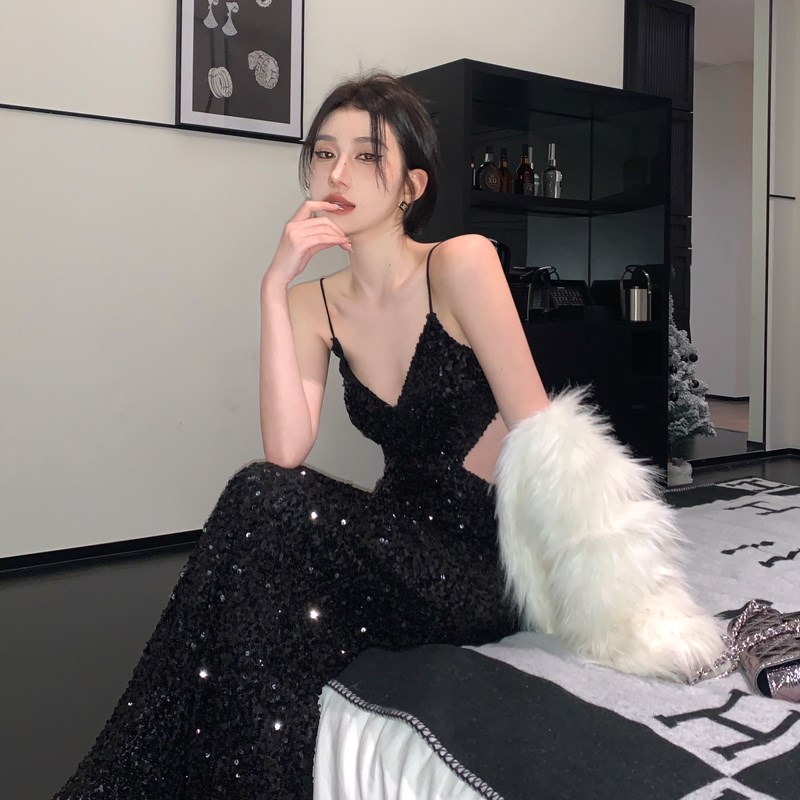 速发高端设计感黑色生日礼服裙闪闪镂空性感亮片长裙女主持人聚会