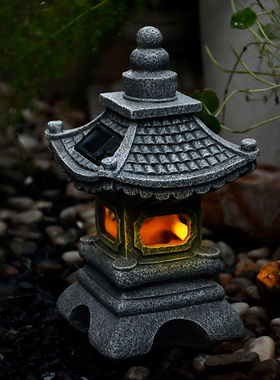 极速太阳能灯日式禅意宫灯摆件花园装饰小夜灯中T式庭院石塔灯阳