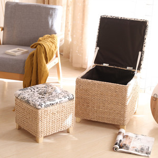 沙发凳子卧室储物箱家 试换鞋 新品 实木草编收纳凳可坐人u放东西