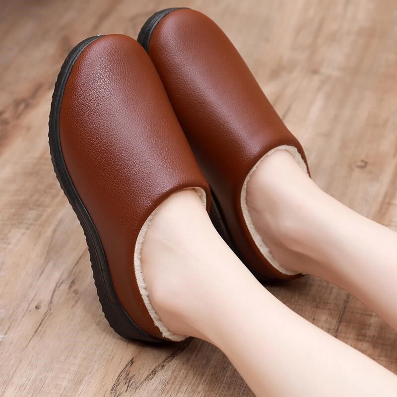 极速冬季防水棉拖鞋女皮面耐脏加绒保F暖厚底防滑居家室内情侣妈