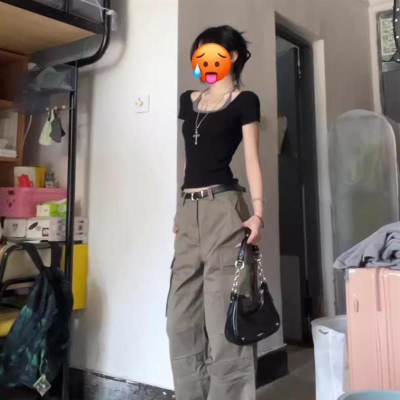 假两件挂脖短袖t恤女2025新款夏季小个子修身显瘦正肩设计感上衣