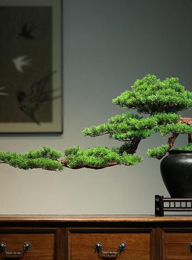 仿真迎客松盆景新中式酒店会所玄关桌摆件民宿办公室黑松软装饰品