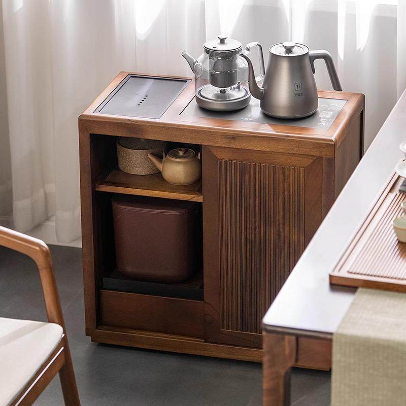 非洲核桃木移动茶台家用茶桌烧水一体可移动茶水柜沙发茶几收纳柜